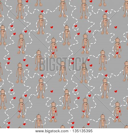 Seamless pattern with cartoon robots and hearts on gray background.