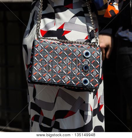 MILAN ITALY - JUNE 18: Detail of bag outside Marni fashion show building for Milan Men's Fashion Week on JUNE 18 2016 in Milan.