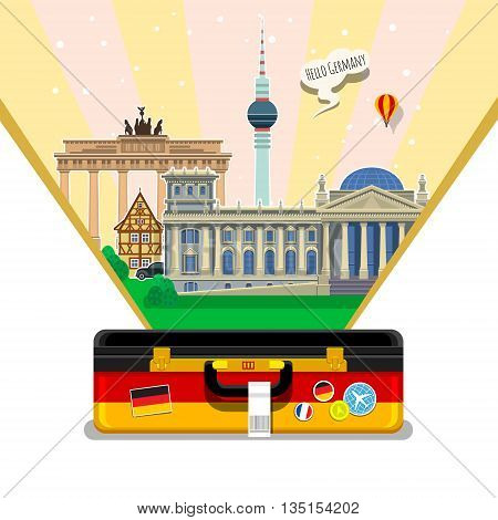 Concept of travel to Germany or studying German. German flag with landmarks in open suitcase. Excellent vacation in Germany. Cool trip to Germany. Fine travel to Germany. Time to travel. Tourism in Germany. Flat design, vector illustration