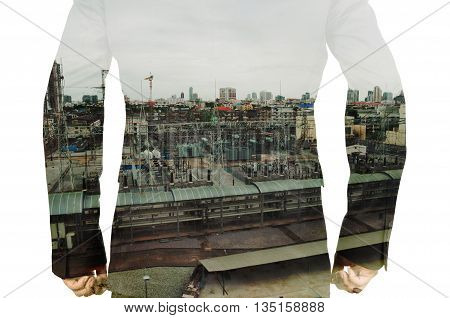 Double Exposure Of Businessman And Power Plant