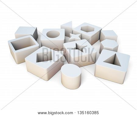 White cubes with geometric shapes isolated on white background. Educational blocks. Children's educational toys. 3d rendering.