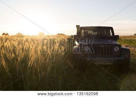 Novgorod region, Russia, June 18, 2016 , journey, Jeep Wrangler Novgorod region, Wrangler is a compact four wheel drive off road and sport utility vehicle
