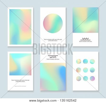 Set of colorful holographic cards. Abstract vector invitations with holographic elements.