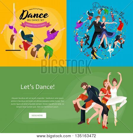 Group of dancing people, yong happy man and woman dance together and in couple, girl sport dancer, happy boy, dance background vector illustration pictogram isolated