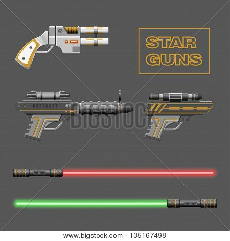 Star guns set. Video game weapons. Virtual reality device collection. Light swords. Vector illustration