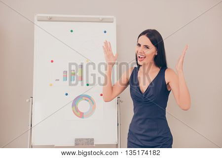 Angry Young Businesswoman Gesturing And Disscusing Presentation
