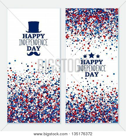 American Happy Independence Day banners set. 4th July festive greeting cards with top hat mustache star. Independence Day concept design kit in traditional American colors - red white blue.