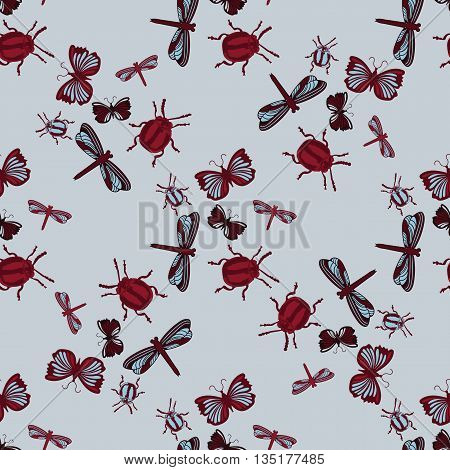 Insects Background seamless Pattern. Dragonflies beetles butterflies