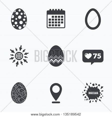 Calendar, like counter and go to web icons. Easter eggs icons. Circles and floral patterns symbols. Tradition Pasch signs. Location pointer.