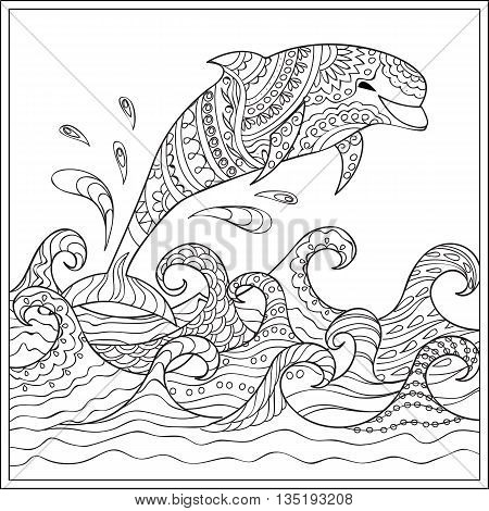 Hand drawn decorated dolphin in the ocean with waves. Image for adult and children coloring book engraving etching embroidery decorate t-shorts tunics. eps 10