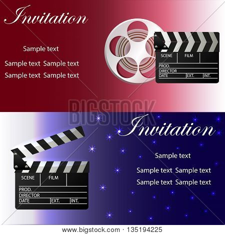 Movie concept template with film strip movie clapper glasses movie reel. Two variants of invitation. Vector illustration.
