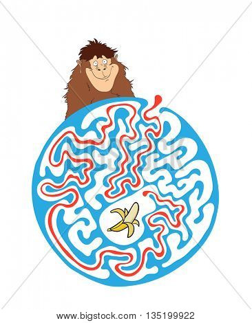 Maze puzzle for kids with monkey and banana. Labyrinth illustration, solution included.
