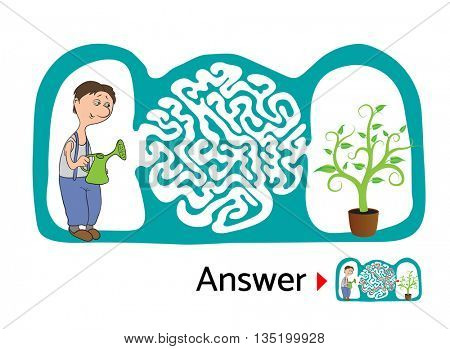 Maze puzzle for kids with gardener and flower. Labyrinth illustration, solution included.
