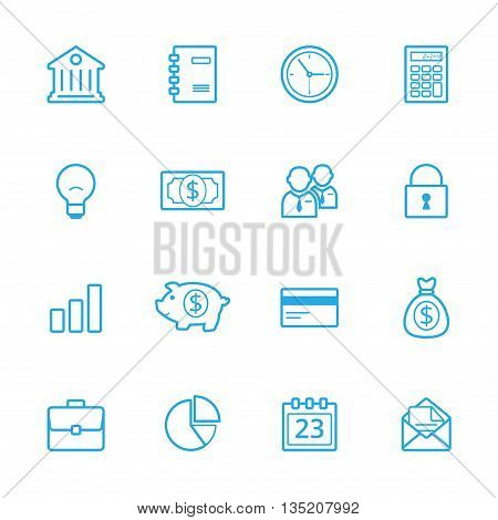 Business blue line icons set of 16
