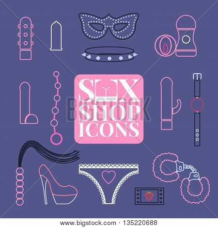 Sex shop vector icons, symbols set. Sex toys design element