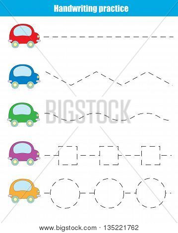 Handwriting practice sheet. Educational children game. Writing training transportation theme. Connect the dots restore the dashed line vector illustration printable worksheet