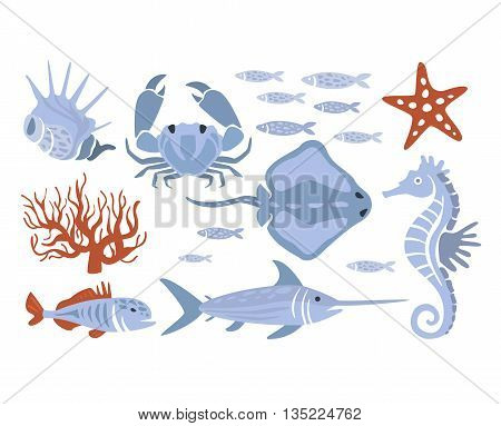 Stylized Underwater Nature Set Of Icons In Flat Atristic Vector Design On White Background