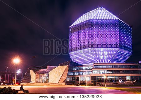 Minsk Belarus - September 28 2014: Building Of National Library Of Belarus In Minsk At Night Scene. Building Has 23 Floors And Is 72-metre High. Library Can Seat About 2000 Readers