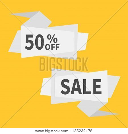 Origami paper banner set. Abstract geometric price tag sticker. Big sale off promotion. Special offer. Yellow background. Isolated. Flat meterial design style. Vector illustration