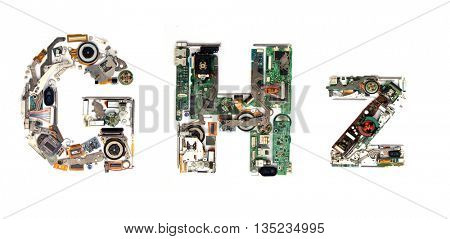 The word    GHz made  with letters that are made of computer parts