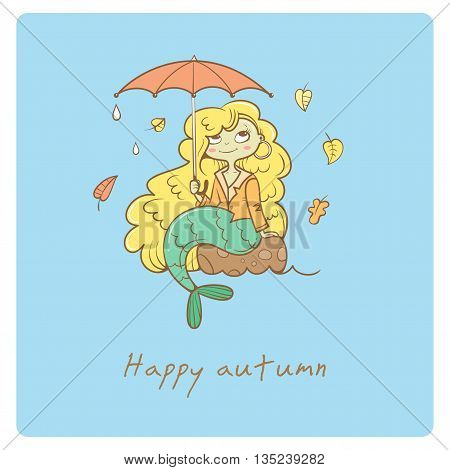 Greeting card with little cutr cartoon mermaid under umbrella. Autumn season. Rainy weather. Leaf fall. Children's illustration. Vector image. Beautiful fairy girl.