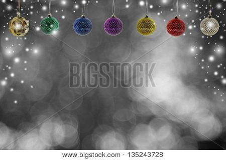 Christmas background with christmas ball and snow over winter bokeh