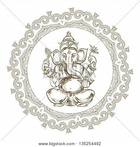 Hand drawn vector illustration of Sitting Lord Ganesha in Mandala Frame. For Tattoo, yoga, spirituality.