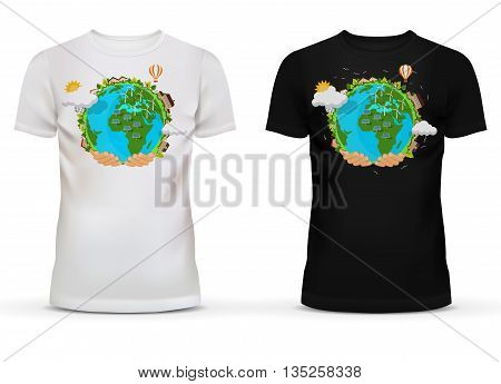 Casualwear unisex black and white t-shirt with short sleeve and u-neck collar for adult or teenager with picture or print of hands holding earth with wind turbines and solar stations.