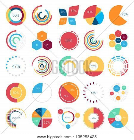 Infographics design elements with bar or circle, petal or leaf, pie or gauge charts and step diagram for statistic report or document. Visualization poster template for analytics layout of data
