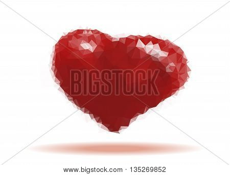 Red origami heart on white background with shadow. Illustration. Abstract polygonal heart. Love symbol. Low-poly colorful style. Romantic background. Eps 10.