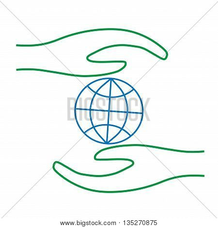 Sign save Earth in hand. Image of globe in protection. Colorfull environment symbol. Careful concept. Logo for ecology. Light flat silhouette. Protect mark. Stock vector illustration