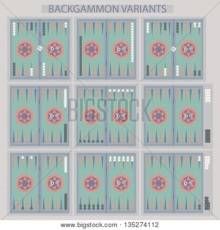 Backgammon boards with checkers and dice. Backgammon variants. Vector illustration.