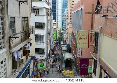 HONG KONG - NOV 9: Shelley Street and Central Mid-Levels Escalator near Caine Road in SoHo on Nov 9, 2015 in Hong Kong.