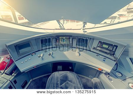 Moscow, Russia - April 08, 2015: Interior of the highspeed train cockpit. Train Sapsan (peregrine) runs between Moscow and St. Petersburg.