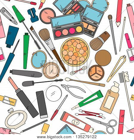 Seamless pattern with tools for makeup in bright colors. Vector collection for beauty design.
