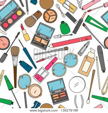 Seamless pattern with tools for makeup in bright colors. Vector collection for beauty design.