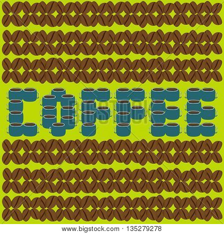Mugs and coffee beans on the simple background. Vector illustration.