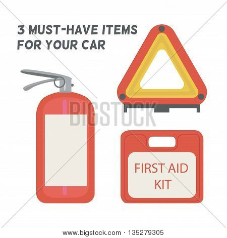 Must be in the car. First aid kit, fire extinguisher, warning triangle. Vector illustration.