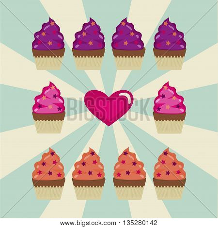 Some cupcakes and the heart on the white and blue background.