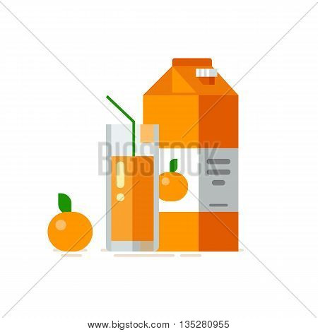 Orange juice in glass. Orange juice in carton box. Vector illustration. Flat design style