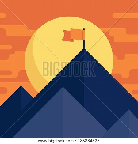 Success or leadership concept with mountain landscape. Vector flat illustration