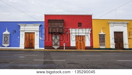Trujillo, Peru - January 11, 2014: Colorful colonial houses in Trujillo downtown Peru