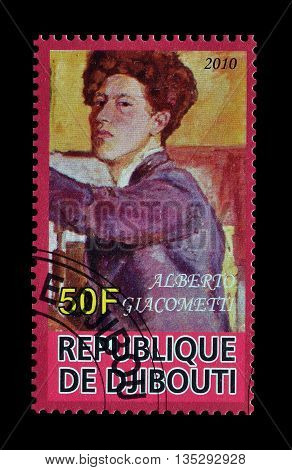 DJIBOUTI - CIRCA 2010 : Cancelled postage stamp printed by Djibouti, that shows painting by Alberto Giacometti.