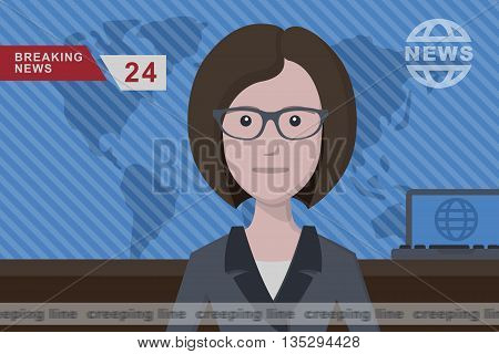 Anchorman on tv broadcast news. Anchorman on a globe background. Anchorman flat vector illustration. Anchorman with the release of breaking news.