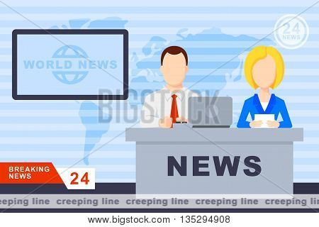 Anchorman on tv broadcast news. Anchorman on a globe background. Anchorman flat vector illustration. Anchorman with the release of breaking news.