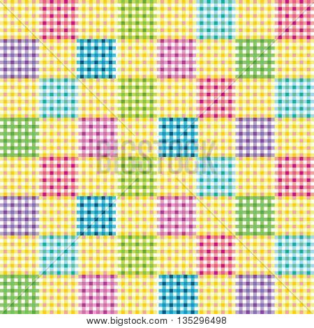 Bright seamless pattern in patchwork style. Vector. Pattern for design greetings card, textile, scrapbook