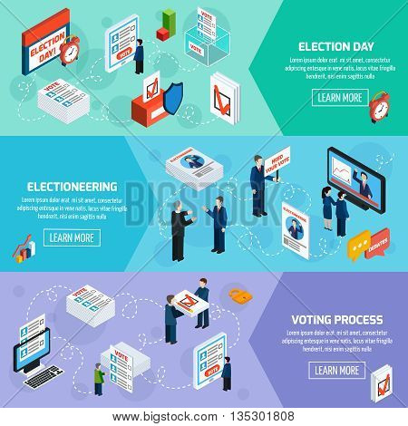 Elections and voting isometric horizontal banners with electioneering election day and voting process icons set flat vector illustration