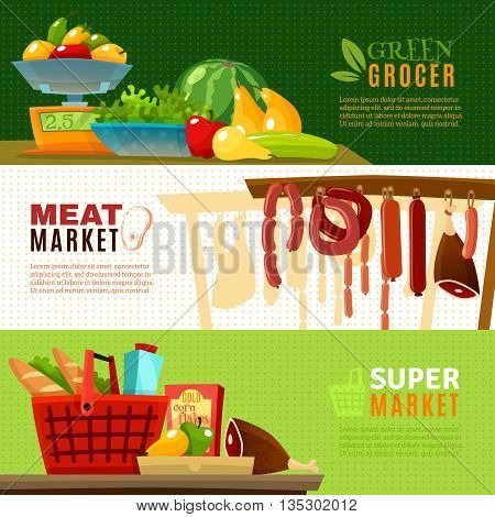 Market horizontal banners set with greengrocery and supermarket cartoon isolated vector illustration