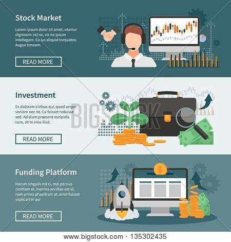 Investment and trading horizontal banners set with stock market funding platform and financial management design compositions flat vector illustration