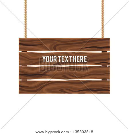 Separate empty wood composite signboard hanging on ropes of brown color on white background vector illustration